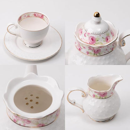 Sweejar 21 Piece Porcelain Tea Set, Vintage British Floral Relief Gold Rimmed - Image 4