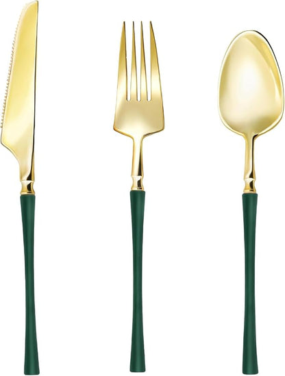 Lullaby 150pcs Gold Plastic Silverware, High End Disposable Cutlery with Dark Green Handle Include 50 Forks, 50 Spoons, 50 Knives, Elegant Silverware for Wedding, Party, Gathering and Daily Use
