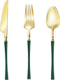 Lullaby 150pcs Gold Plastic Silverware, High End Disposable Cutlery with Dark Green Handle Include 50 Forks, 50 Spoons, 50 Knives, Elegant Silverware for Wedding, Party, Gathering and Daily Use
