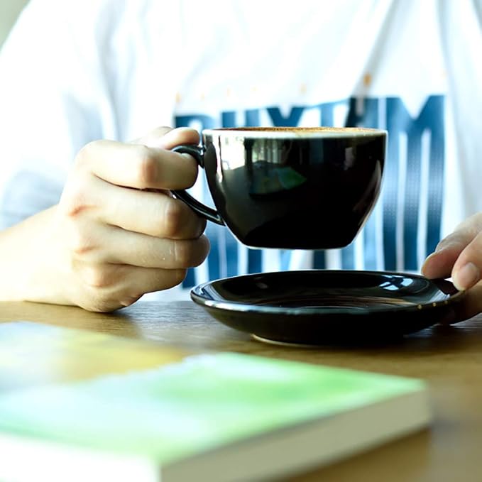 Yesland 2 Pack 8.5 oz Ceramic Coffee Cup and Saucer, Glossy Black Cappuccino - Image 7