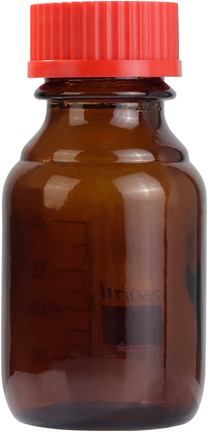 10 Pieces Amber Glass 250 mL Graduated Round Lab Reagent Media/Storage Bottle With GL45 Red Screw Cap