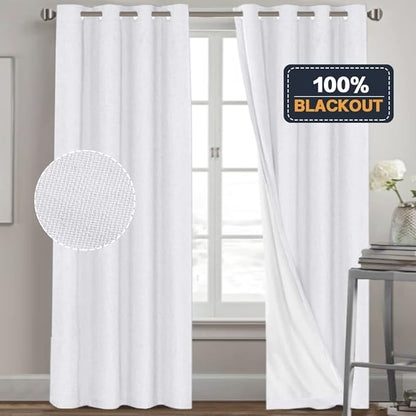 PrinceDeco Blackout Curtains 84 Inches Long Linen Blackout Curtains for Bedroom Light-Blocking Sleep Enhancers Anti-Rust Grommet Drapes with White Liner, W52 x L84 inch, Pure White