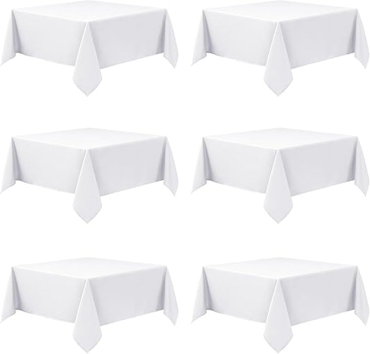 6-Pack White Tablecloths for Square Tables, 70 x 70 Inches, Stain-Resistant Polyester Fabric for 3 Foot Tables - Washable Table Covers for Weddings, Banquets, Birthday Parties, Events