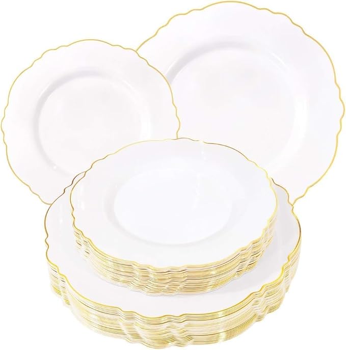 60pcs White and Gold Plastic Plates by WDF