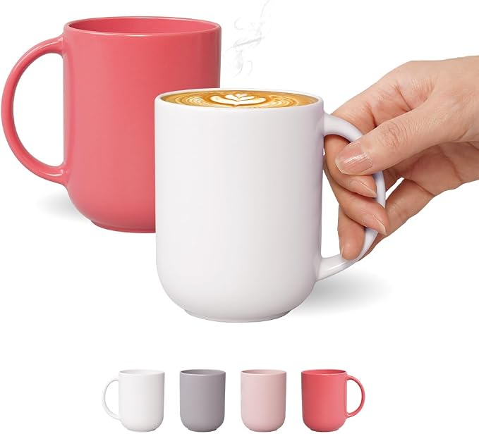 12 oz Ceramic Coffee Mug, Matte Pink White Gray Coffee Mug by BOWLBOWL