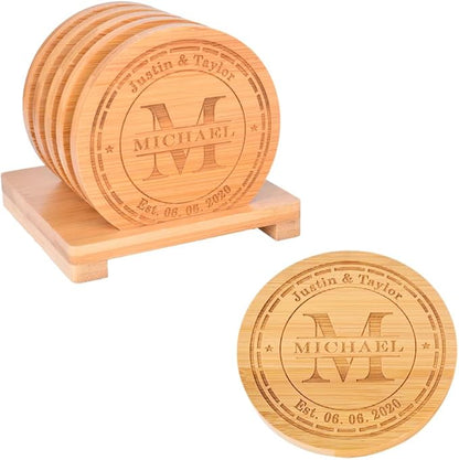 Personalized Bamboo Coasters, Custom Engraved Monogram Coasters with Holder, Great Gifts for Relatives, Friends or Yourself (Set of 6)