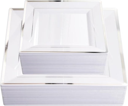 Liacere 100PCS White and Silver Square Plastic Plates - 50PCS Heavy Duty 9.5inch White Dinner Plate and 50PCS 6inch Dessert Plates-Silver Disposable Plate for Party＆Wedding＆New Year&Chrismas