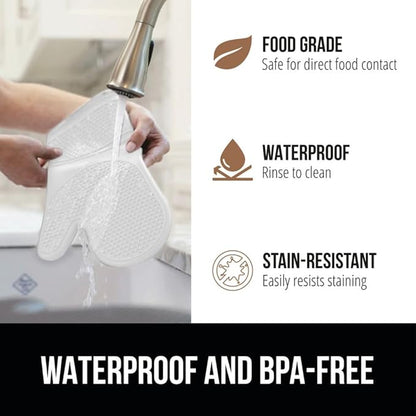 GORILLA GRIP BPA-Free Soft Silicone Oven Mitts and Pot Holders Sets of 4, Heat Resistant Waterproof Cooking Gloves, Thick Cotton Lining, Flexible Gripping for Baking Grilling, Kitchen Trivets, White