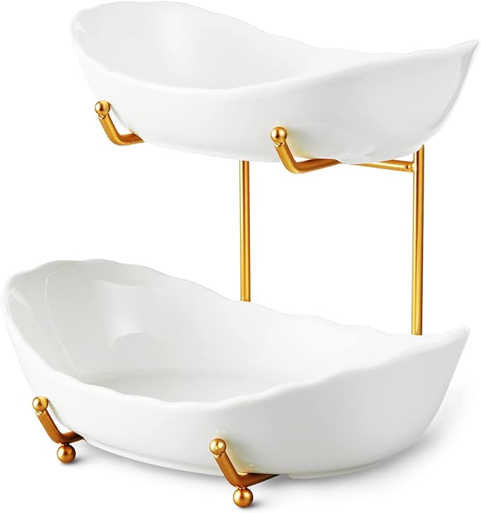 2 Tier Ceramic Fruit Bowl for Kitchen Counter, Tiered Fruit Basket for Countertop, Modern Multi Layer Fruit Display Stand for Party, Cute (Gold&White, Small)