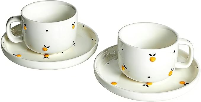 Ceramic Coffee Mug Set of 2, 8 oz Lemon Design Cups by ASBEFORE