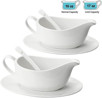 Qlans Gravy Boat With Ladle and Saucer 17 Oz,Ceramic Sauce Boat with Tray for Salad Dressings Milk,Warming Sauces,Creamer,Broth,Black Pepper,White (2 PCS New Gravy Boat With Ladle and Saucer)