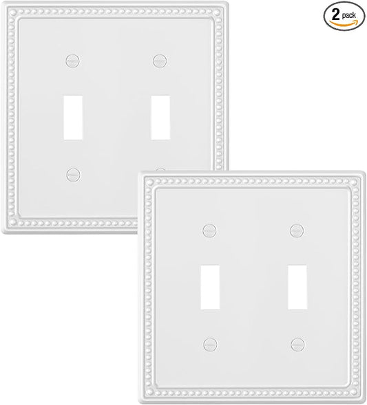 2-Pack Double Toggle Light Switch Cover Plate, Pearls Decorative Dual Switch Plate Covers, Pure White 2 Gang Metal Wall Plate, Corrosion Resistant