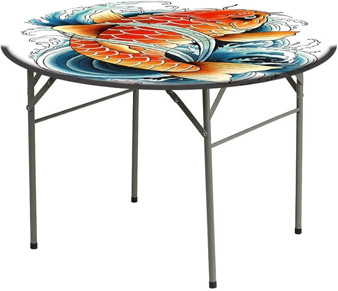 Round Tablecloth, Koi Fish Tablecloth for Side Table, Tattoo Style Japanese Wave, Fit Round Tables 61inch Diameter, for Outdoor Indoor Use, Multicolor