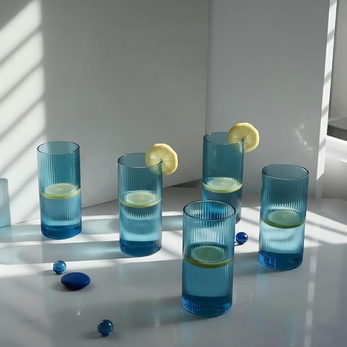 Physkoa Blue Ribbed Drinking Glasses Set of 6 – Vintage Embossed Highball - Image 5