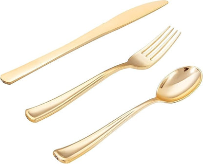 WDF 500PCS Gold Plastic Silverware Set Disposable - Gold Cutlery Set Plastic - 250Forks, 125 Spoons, 125 Knives for Birthday Wedding Valentine's Day