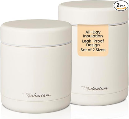 Stainless Steel Insulated Food Jar Set of 2 (16oz + 12oz) | Wide Mouth | Hot Food Lunch Container | Thermal Lunch Box | Insulated Soup Bowl | Hot & Cold Lunch Box for Adults, Teens | Vanilla
