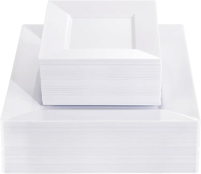 Liacere 100PCS White Square Plastic Plates - 50PCS Heavy Duty 9.5inch Dinner Plates and 50PCS 6inch Dessert Plates - Durable Fancy White Disposable Plates for Party & Wedding