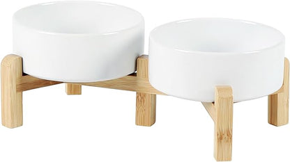 Ceramic Raised Double Bowls Set with Stand, 2 Heights Elevated, Food & Water Bowls for Small Breed Dogs, Cats, Kitty, Weighted Dog Dishes, Pet Bowls(5.1'',13.5oz, White)