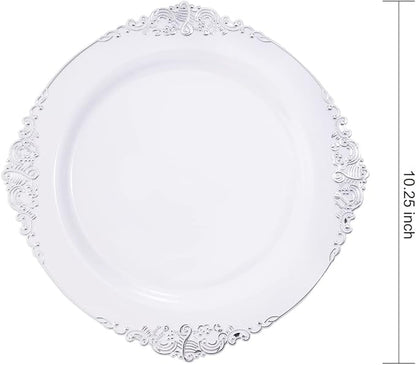 Hioasis 100pcs White Silver Plastic Plates - 10.25" Dinner Plates Disposable, Heavy -duty, Classy and Elegant for Thanksgiving