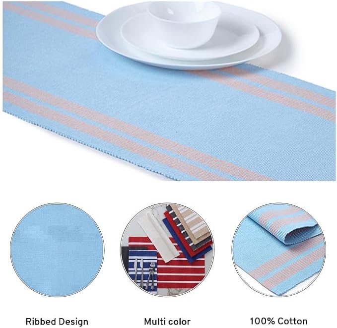 Encasa XO Table Runner, Yarn Dyed Ribbed Cotton 13"x94" | Ladder Blue, 12-Ply - Image 4