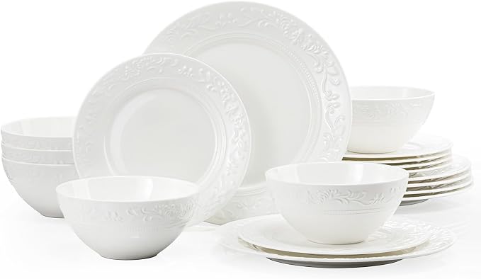 18Pcs Vintage Relief White Bone China Set, Service by KINGSTONE