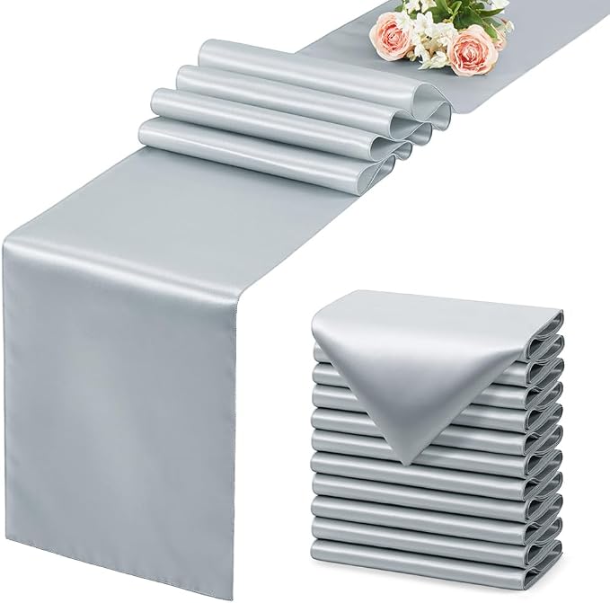 Silver Satin Table Runner, 12x108 Inches, 2 Pack | Premium Satin, Smooth by VCUSUELER