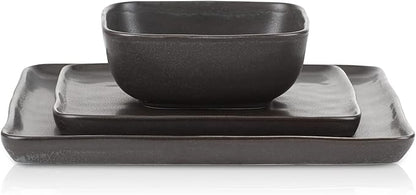 Stone Lain Jonny Stoneware 12 Piece Dinnerware Set, Home Kitchen Modern Square Dish Set with Dinner Plates, Salad Plates, & Bowls, Brown