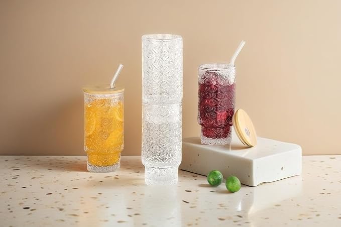 Vintage Glass Cups with Bamboo Lids and Straws–4Sets 11oz Iced Coffee Cups - Image 6