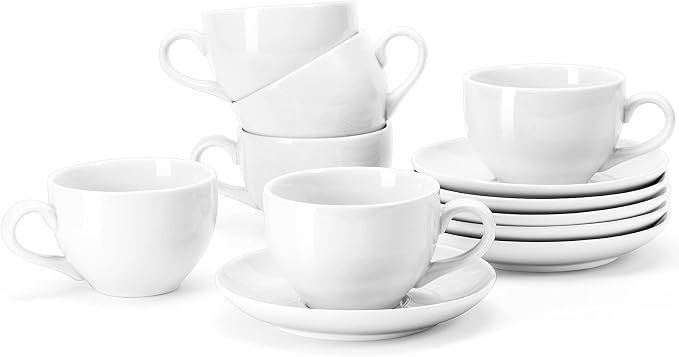 Porcelain Coffee Cups Set with Saucer, 6 Ounce White Porcelain Cup and Saucer by Yedio