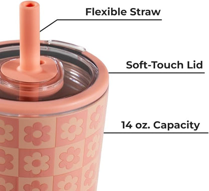 HydroJug Everyday Tumbler 14 oz – Ceramic-Lined Insulated Tumbler with Straw and Soft-Touch Lid, Cup Holder Friendly, Double-Wall Vacuum Insulation, Reusable Travel Cup – Daisy Checkers