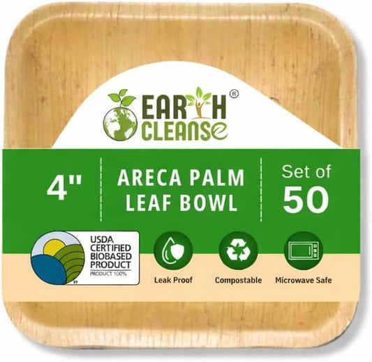 4" Areca Palm Leaf Square Bowls Compostable Biodegradable Eco-Friendly Bowls Natural Disposable Bowls, Perfect for Picnic Catering, Dessert, and Wedding (Pack of 50)