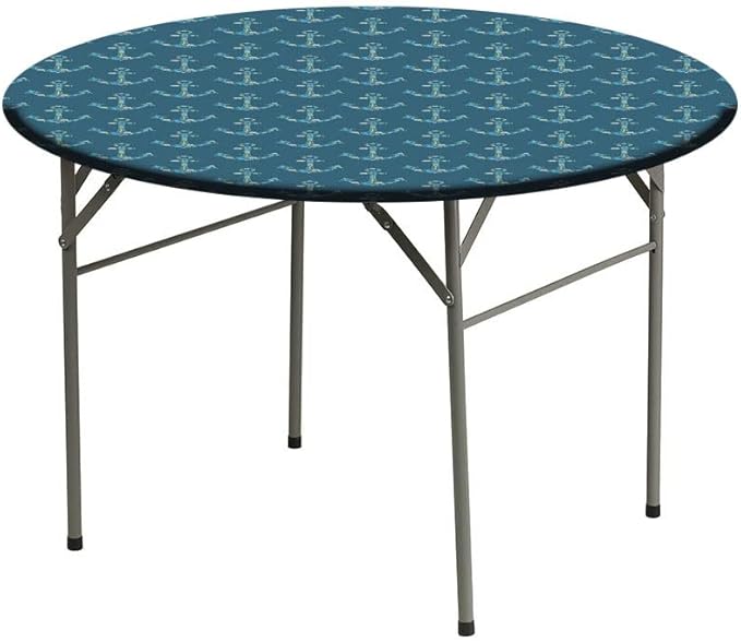 Round Vinyl Fitted Tablecloth, Nautical Print Polyester Table Cloth, Anchors Maritime Theme Decor, Fit Round Tables 48inch Diameter, for Dinner Kitchen Party Decoration, Petrol Blue Beige
