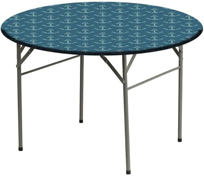Round Vinyl Fitted Tablecloth, Nautical Print Polyester Table Cloth, Anchors Maritime Theme Decor, Fit Round Tables 48inch Diameter, for Dinner Kitchen Party Decoration, Petrol Blue Beige