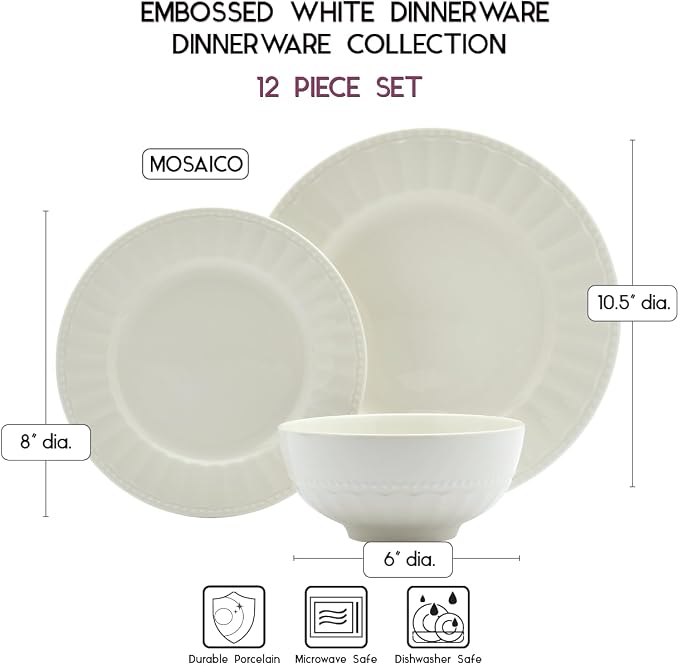 Tabletops Gallery Embossed Bone White Porcelain Round Dinnerware Collection- - Image 4