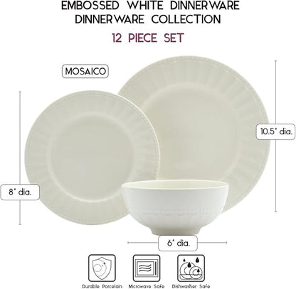 Tabletops Gallery Embossed Bone White Porcelain Round Dinnerware Collection- - Image 4
