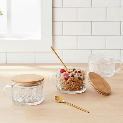 Vintage Glass Mugs 2pcs Overnight Oats Cups Embossed Tea Cups Coffee Mugs | - Image 4