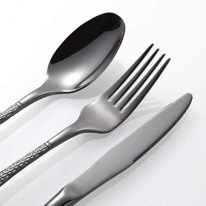 Hammered Black Silverware Set, 20 Piece Modern Flatware Set Service - Image 4
