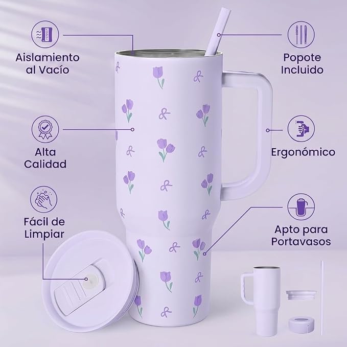 Floral 40oz Tumbler with Handle and Straw – Tulip Insulated Stainless Steel - Image 2