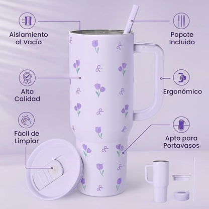 Floral 40oz Tumbler with Handle and Straw – Tulip Insulated Stainless Steel - Image 2