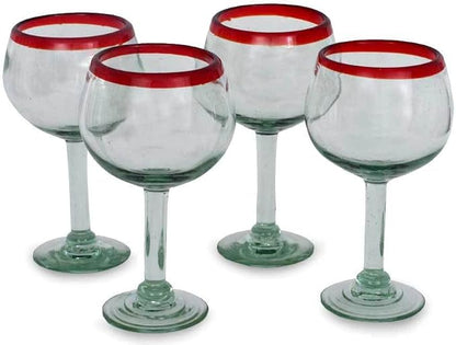 NOVICA Hand Blown Clear Red Recycled Glass Wine Glasses, 12 Oz 'Ruby Globe' - Image 5