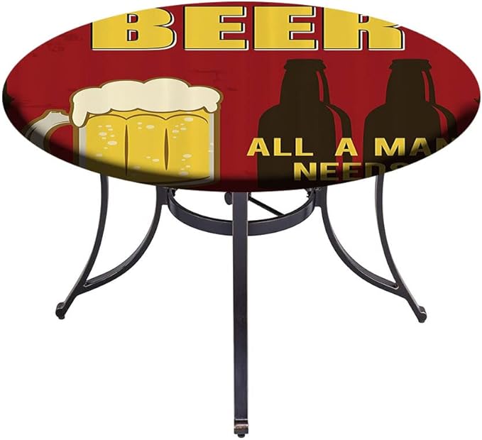 Elastic Tablecloth, Manly Decor Decorative Fabric Table Cover for, Beer Mug and Two Bottles with Quotes Beer All, Fit Round Tables 23inch Diameter, for Outdoor Indoor Use, Yellow Burgundy