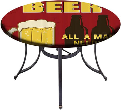 Round Vinyl Fitted Tablecloth, Manly Decor Print Polyester Table Cloth, Beer Mug and Two Bottles with Quotes Beer All, Fit Round Tables 35inch, Holiday Party Home Kitchen Dining Table Decoration