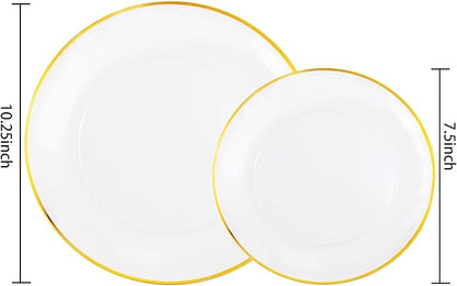 LIYH 60 Pcs Clear and Gold Plastic Plates Heavy Duty Clear Disposable Plates for Party Gold Plastic Plate for Wedding Birthday Include 30 Dinner 30 Dessert Plate