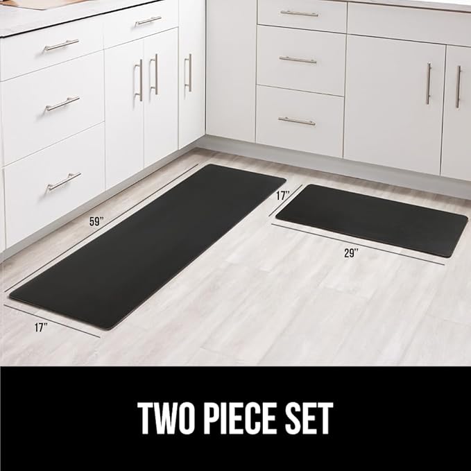 GORILLA GRIP 2 Pack Comfortable Cushioned Kitchen Mats for Floor, 17x29 + 17x59, Waterproof and Stain Resistant, 1/2 Inch Thick Soft Ergonomic Standing Desk Anti Fatigue Mat, Foam Supports Feet, Black