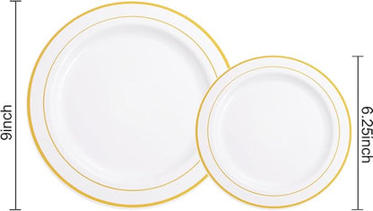 NOCCUR 200PCS Gold Plastic Plates - 100 Dinner / 100 Dessert Disposable Plates Heavy Duty - Ideal for Wedding/Party/New Year