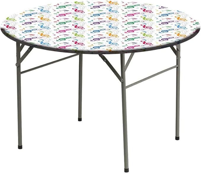 Round Vinyl Fitted Tablecloth, Music Decor Print Polyester Table Cloth, Notes on Circle Shape Geometric Background Carnival, Fit Round Tables 35inch Diameter, for Xmas/Parties/Home, Multy