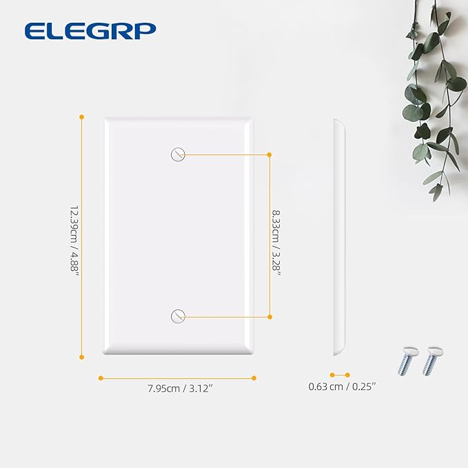 ELEGRP 1-Gang Blank Device Wall Plates, Mid-Size 4.88" H x 3.13" L Unbreakable Thermoplastic Blank Faceplate Cover for Unused Outlets/Switches, UL Listed (2 Pack, Glossy White)