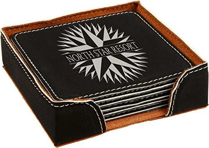 Custom Engraved Coasters | Personalized Leather Coaster | Set of 6 | Drink Coasters with Holder | Laser Engraved | Tabletop Protection | Gift for Couples (Square 4" x 4", Black w/Silver)