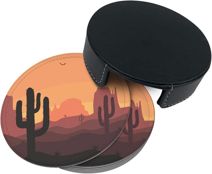 6 Pcs Desert Sunset Cactus Leather Coasters - Image 4