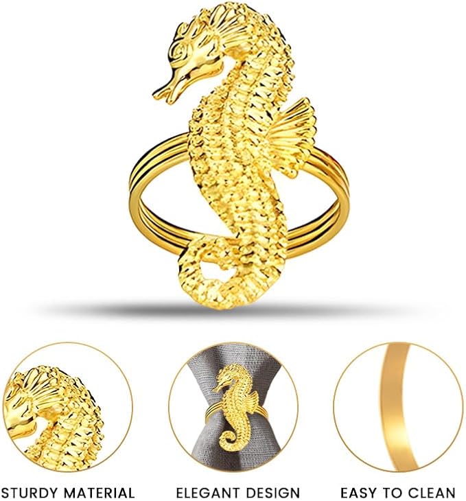 Decozen Set of 12 Gold Napkin Rings in Sea Horse Design, Festive, Table Decor Setting for Holiday, Wedding, Birthday, Kitchen, Home Decor, Housewarming Gift - Mothers Day Decorations